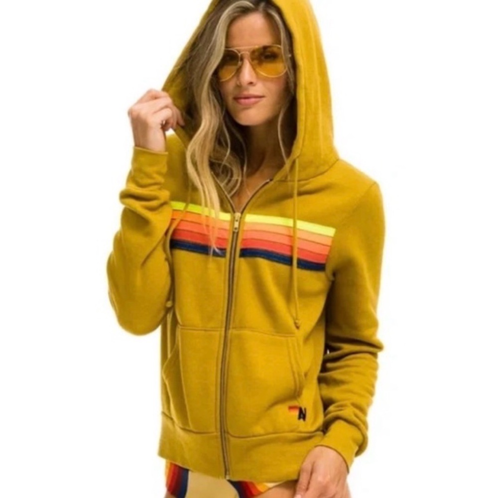 Aviator Nation 6 Stripe Zip Hoodie Golden Tan Rainbow Size S